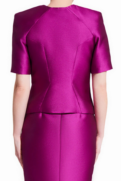 Women's raspberry purple formal jacket with padded shoulders, elbow length sleeves and centered golden zipper