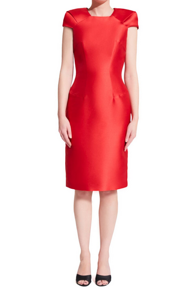 Short red bodycon cocktail dress with square/trapezoid neckline and oragami style cap sleeves 