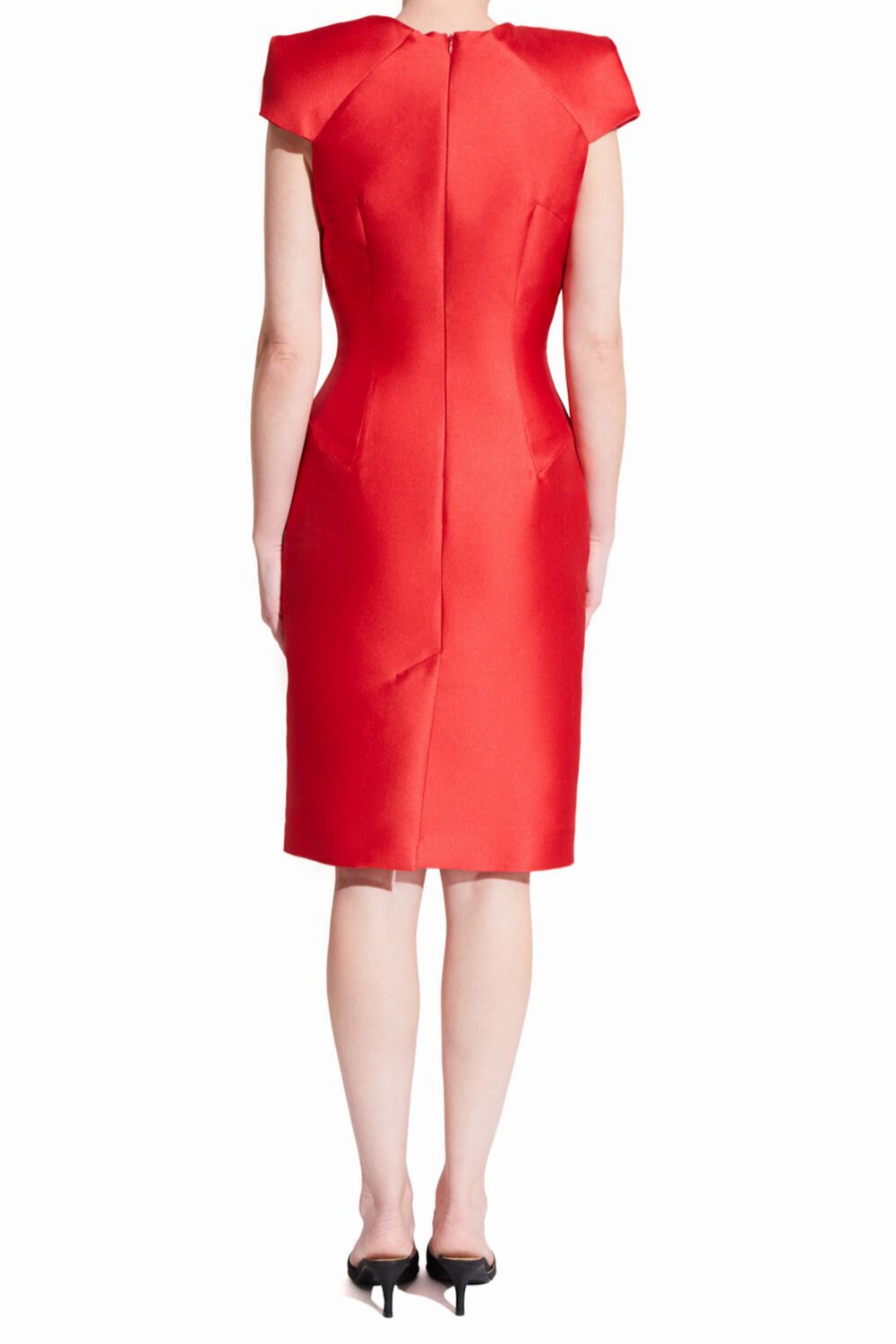 Short red bodycon cocktail dress with centered back slit and oragami style cap sleeves 