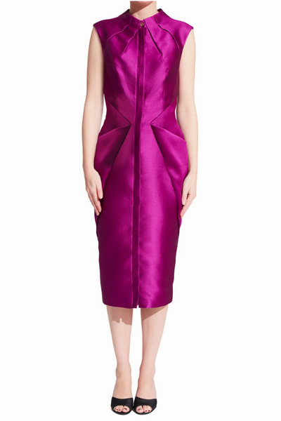 Rasberry purple sleeveless midi cocktail party dress with two-way gold zipper and adjustable front slit. The dress has a straight fit with a round high neck and side pockets