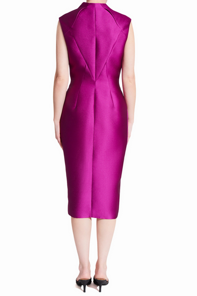 Rasberry purple sleeveless midi cocktail party dress with two-way gold zipper and adjustable front slit. The dress has a straight fit with a round high neck 