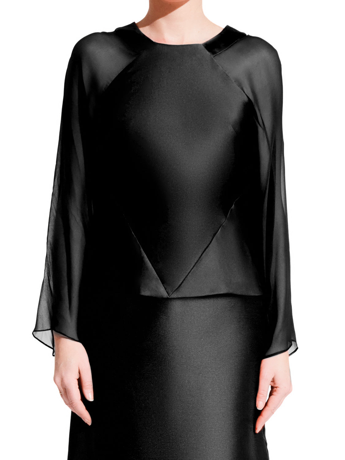 Black Kimono sleeve top with U neck. Made with Italian silk with chiffon sleeves