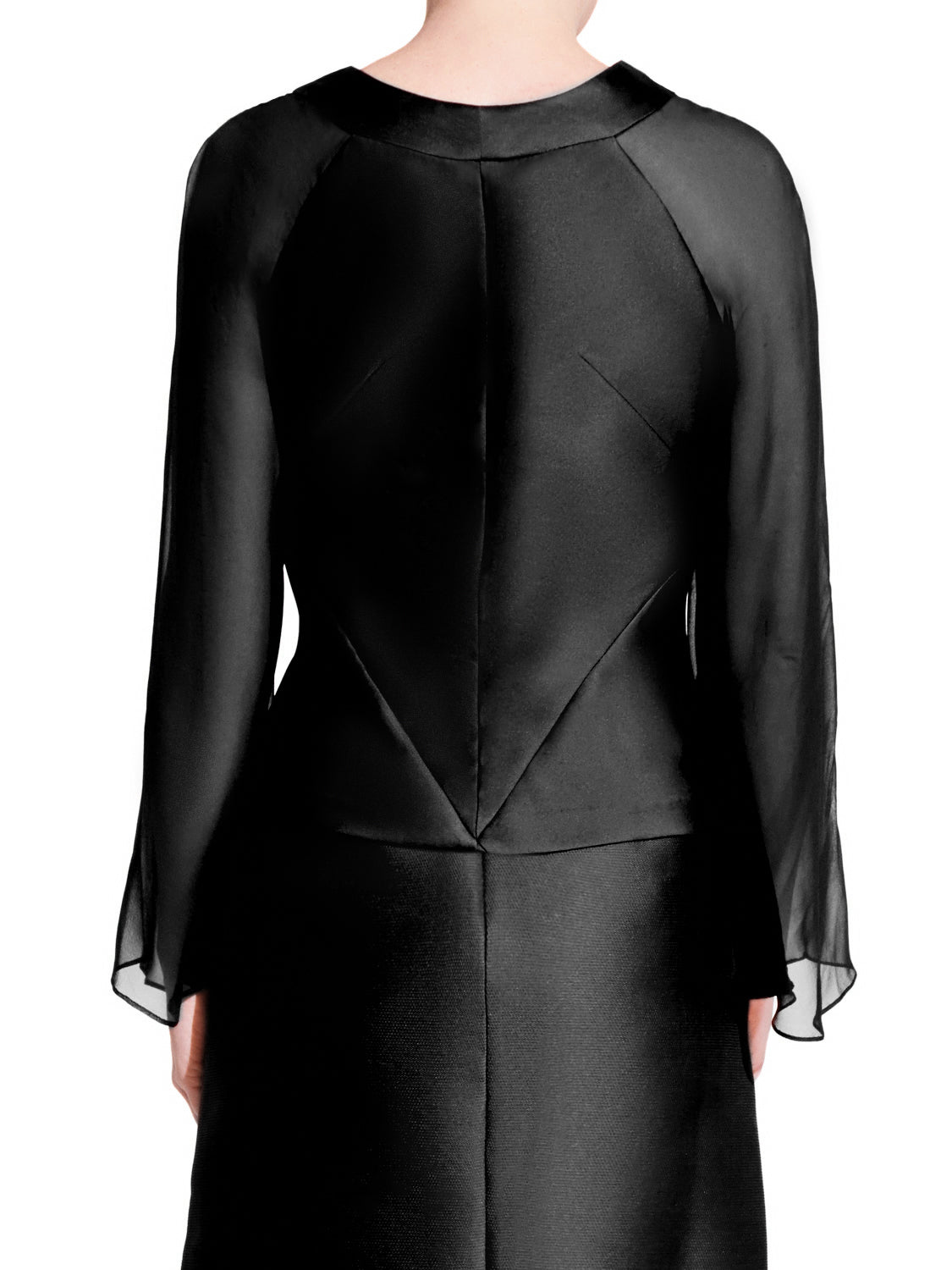 Black Kimono sleeve top with U neck. Made with Italian silk with chiffon sleeves