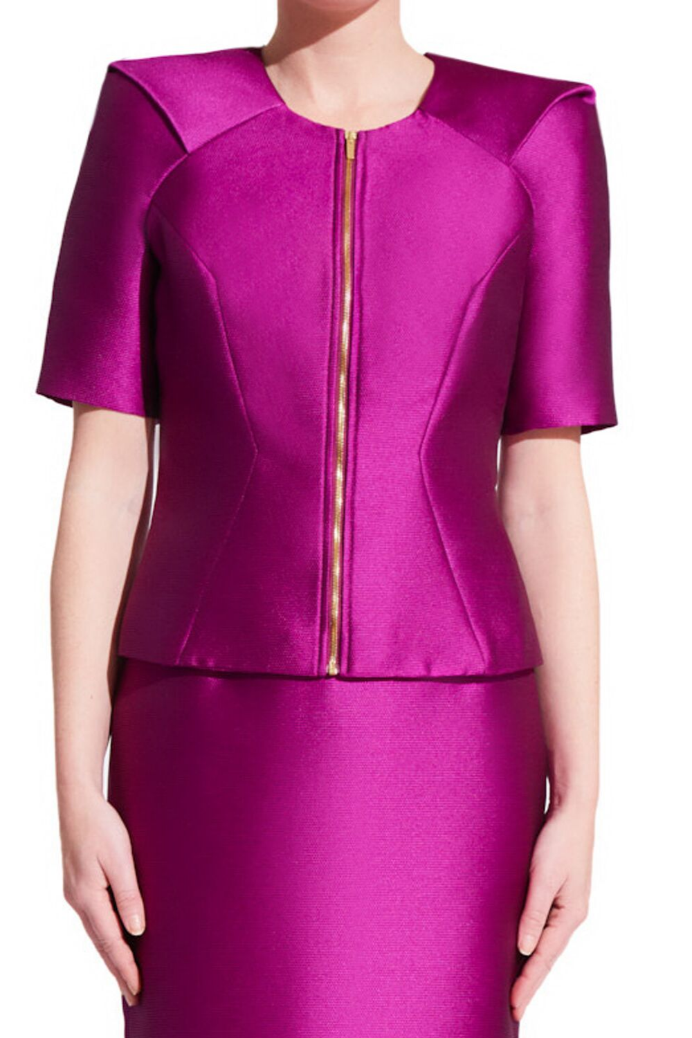 Women's raspberry purple formal jacket with padded shoulders, elbow length sleeves and centered golden zipper