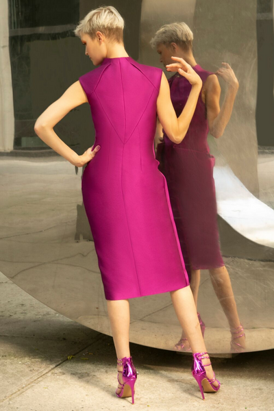 Rasberry purple sleeveless midi cocktail party dress with two-way gold zipper and adjustable front slit. The dress has a straight fit with a round high neck and side pockets