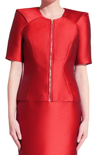Women's red formal jacket with padded shoulders, elbow length sleeves and centered golden zipper