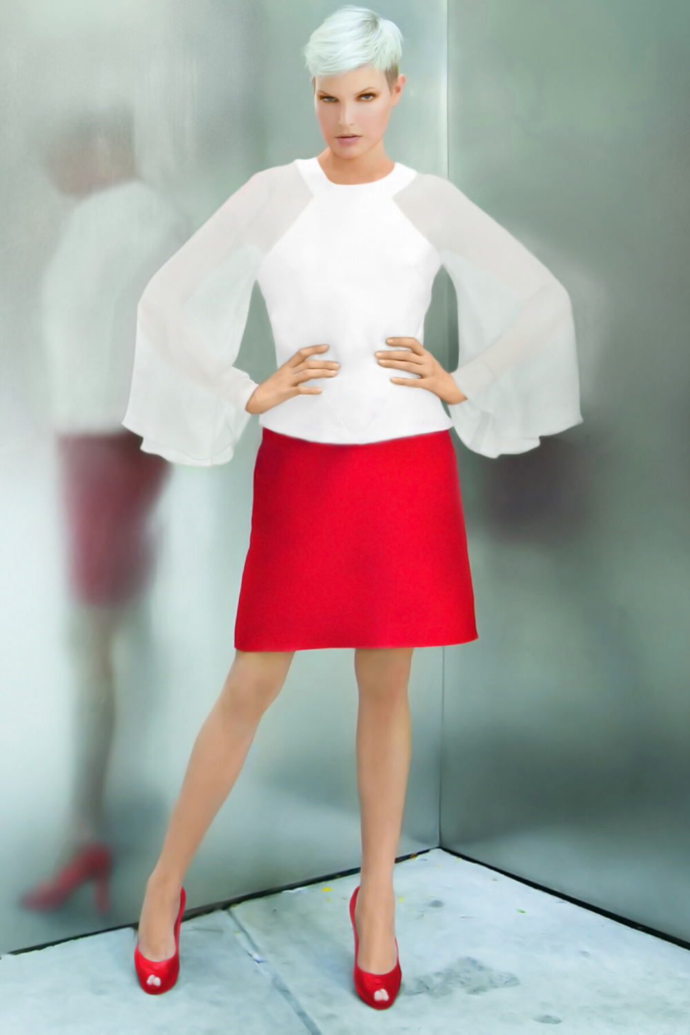 Ultra high-waisted red formal pencil skirt made with luxurious Italian silk blend pique fabric.